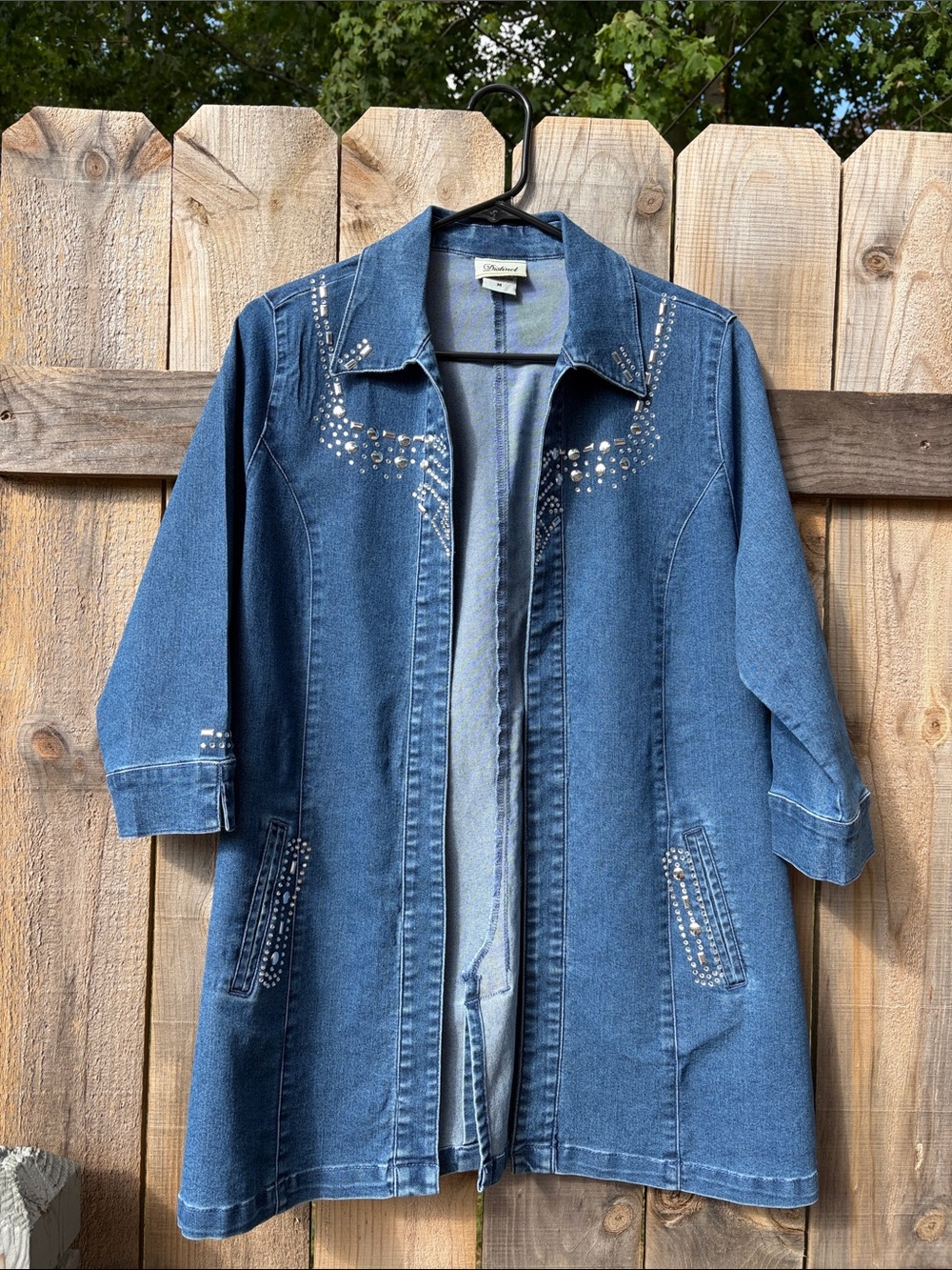 Embellished Blue Denim Jacket Coat Distinct VINTAGE BLUE JEAN OPEN FRONT M